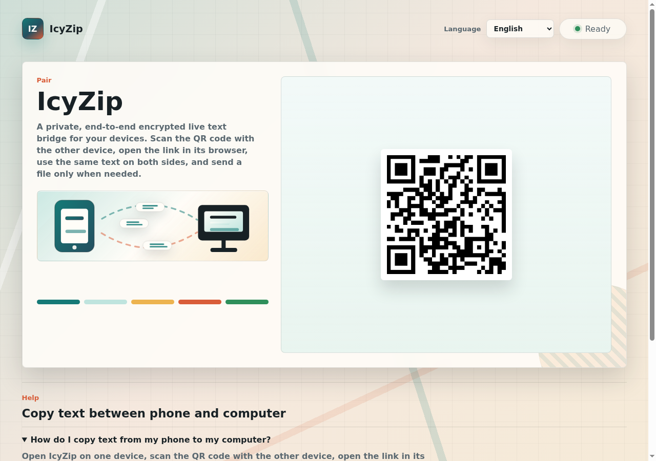 IcyZip showing a QR code that pairs another browser for transfer