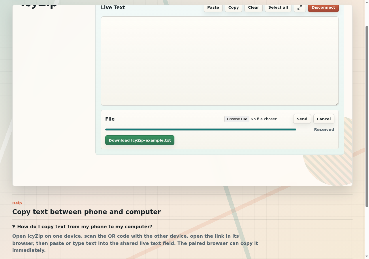 Connected IcyZip receiving browser showing a completed file transfer and Download IcyZip-example.txt action